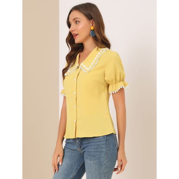 Sweet Peter Pan Contrast Collar Short Sleeves Button Up Blouse Tops Yellow - Picture 4 of 6